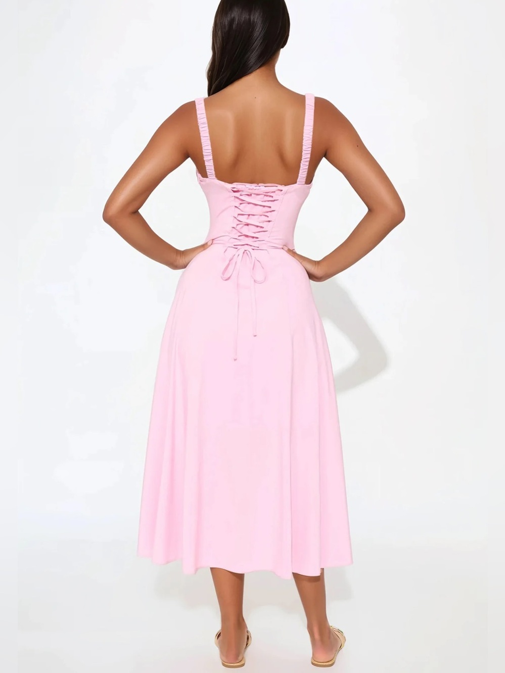 Fashion Nova Oh Darling Poplin Midi Dress Pink Corset Lace Up NWT M - Picture 2 of 15